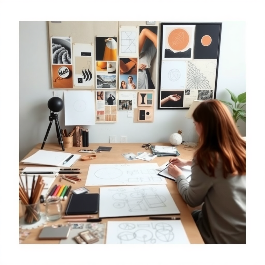 Creative design process, mood boards, sketches, planning materials on table, artistic workspace